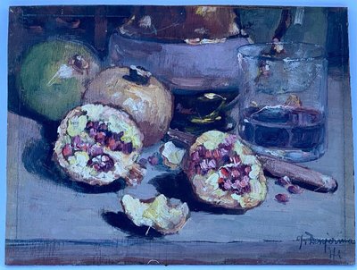 Oil on panel by J. Denjerma still life with fruit double view