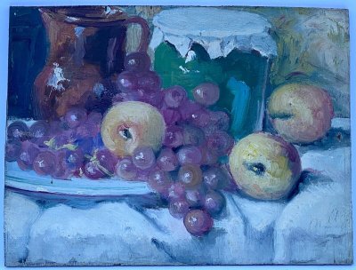 Oil on panel by J. Denjerma still life with fruit double view