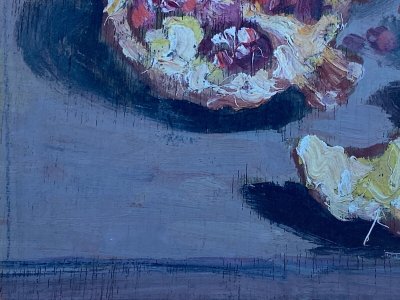 Oil on panel by J. Denjerma still life with fruit double view