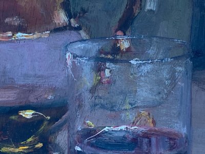 Oil on panel by J. Denjerma still life with fruit double view