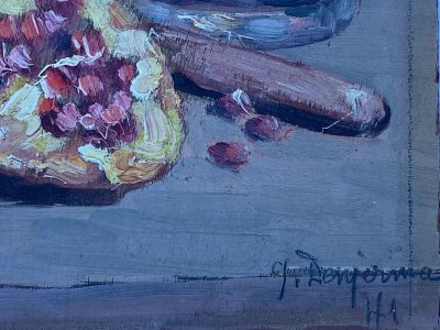 Oil on panel by J. Denjerma still life with fruit double view