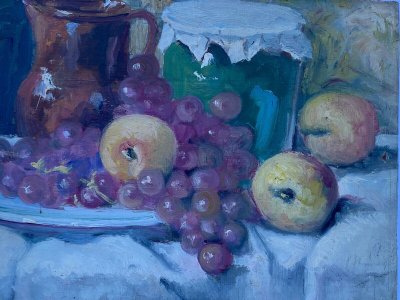 Oil on panel by J. Denjerma still life with fruit double view