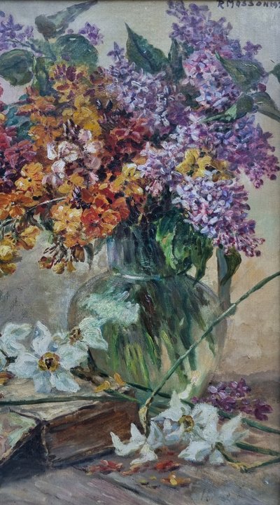 Roger MASSON - Bouquet of lilacs near a book