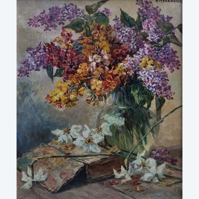 Roger MASSON - Bouquet of lilacs near a book