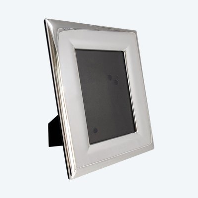 Superbe cadre photo des années 1970 en plaqué argent et verre. Fabriqué en Italie.