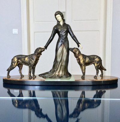 Scultura in marmo e onice regolata con criselefantino, firmata Limousin - Art Déco