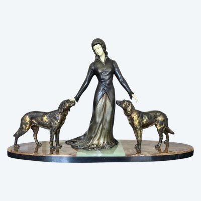 Scultura in marmo e onice regolata con criselefantino, firmata Limousin - Art Déco