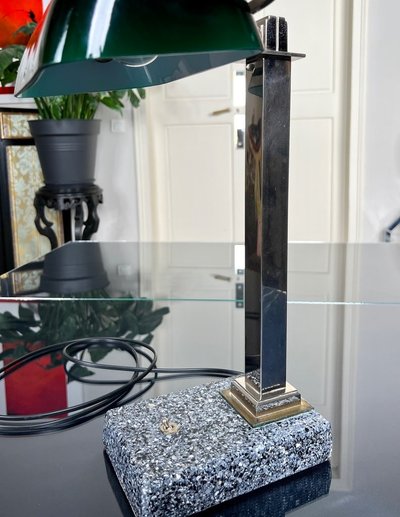 Vintage Chromed Metal And Green Opaline Desk Lamp