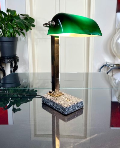 Vintage Chromed Metal And Green Opaline Desk Lamp