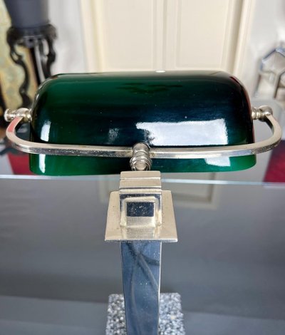 Vintage Chromed Metal And Green Opaline Desk Lamp