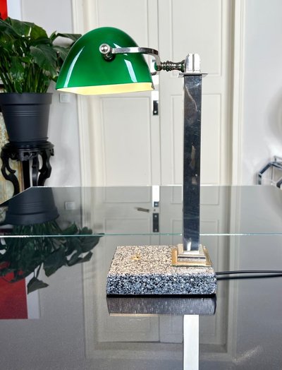 Vintage Chromed Metal And Green Opaline Desk Lamp