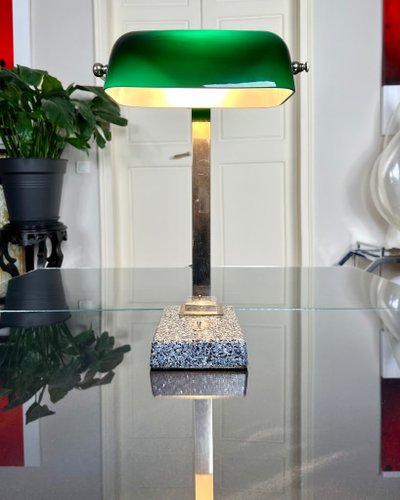 Vintage Chromed Metal And Green Opaline Desk Lamp