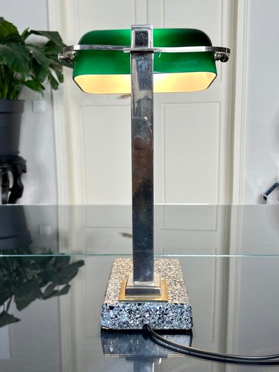 Vintage Chromed Metal And Green Opaline Desk Lamp