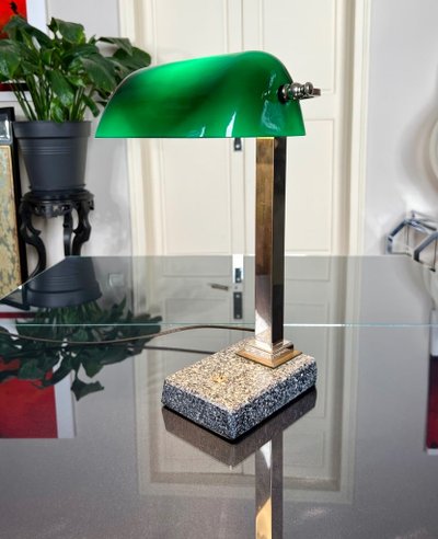 Vintage Chromed Metal And Green Opaline Desk Lamp