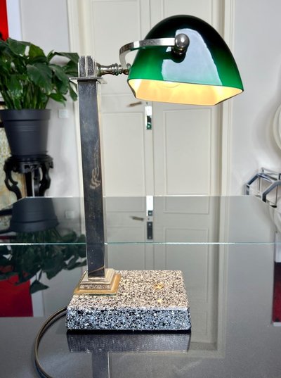 Vintage Chromed Metal And Green Opaline Desk Lamp