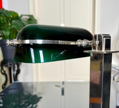 Vintage Chromed Metal And Green Opaline Desk Lamp