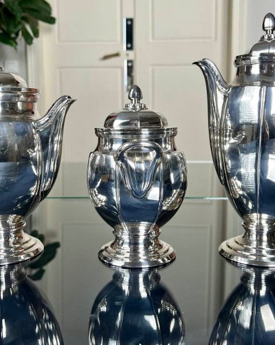 Art Deco Tee Und Kaffeeservice - Teekanne Gießkanne Zuckerdose - Silberne Metallformstücke