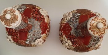 Kyoto Satsuma: pair of bottle vases with lids ca. 1910