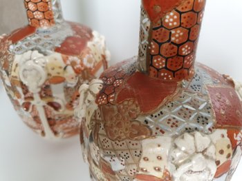 Kyoto Satsuma: pair of bottle vases with lids ca. 1910