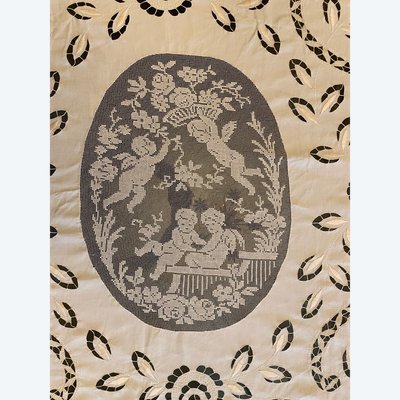 Top letto antico ricamo Richelieu e Bourbon XIX secolo 