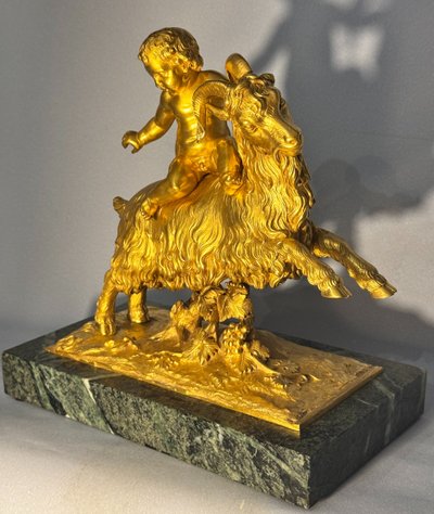 Sculpture en bronze doré Bacchus ou putto sur un bouc XIXè