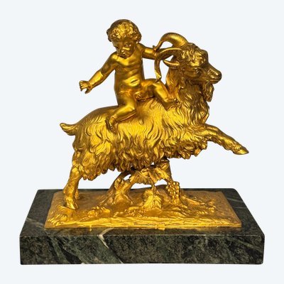 Sculpture en bronze doré Bacchus ou putto sur un bouc XIXè