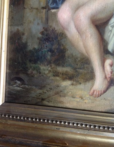 Öl Auf Tafel Signiert A. Lecaron Representant Une Jeune Fille Nu Sur Un Banc En Pierre