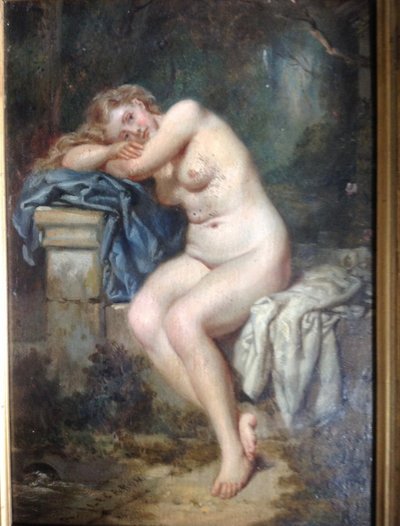 Öl Auf Tafel Signiert A. Lecaron Representant Une Jeune Fille Nu Sur Un Banc En Pierre