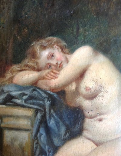 Öl Auf Tafel Signiert A. Lecaron Representant Une Jeune Fille Nu Sur Un Banc En Pierre