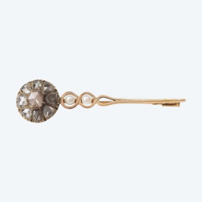 Alte Barrett-Brosche aus Gelbgold, Diamanten und Zuchtperle