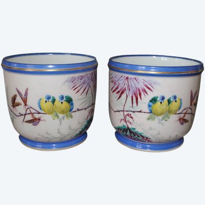 Pair of hand-painted Paris porcelain pot holders from the Louis Philippe period