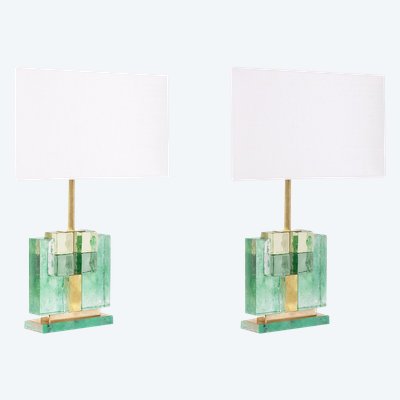 Pair of Murano glass lamps, green iridescent. 20th-21st century. LS6401609J