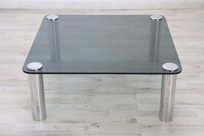 Square Coffee Table in Chromed Metal and Smoked Glass, 1970s