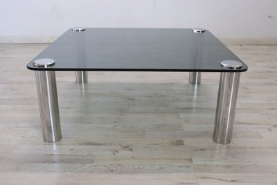 Square Coffee Table in Chromed Metal and Smoked Glass, 1970s