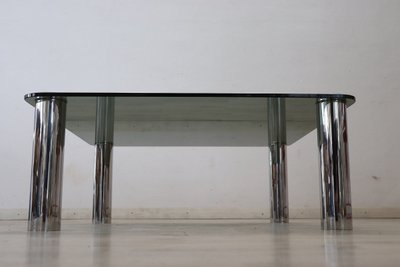 Square Coffee Table in Chromed Metal and Smoked Glass, 1970s