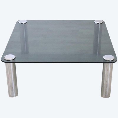 Square Coffee Table in Chromed Metal and Smoked Glass, 1970s