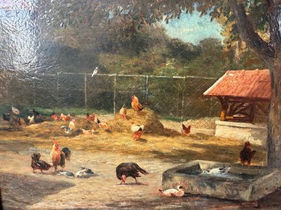 Altes Gemälde, Szene aus dem Hinterhof , Öl auf Holztafel XIX. Jahrhundert signiert, Hühner, Enten, Hähne...