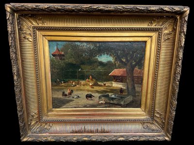 Altes Gemälde, Szene aus dem Hinterhof , Öl auf Holztafel XIX. Jahrhundert signiert, Hühner, Enten, Hähne...