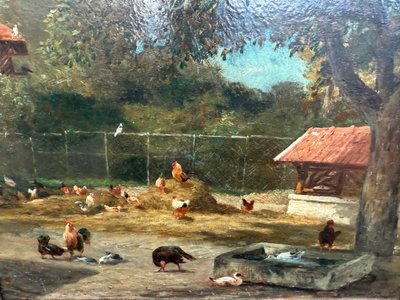 Altes Gemälde, Szene aus dem Hinterhof , Öl auf Holztafel XIX. Jahrhundert signiert, Hühner, Enten, Hähne...