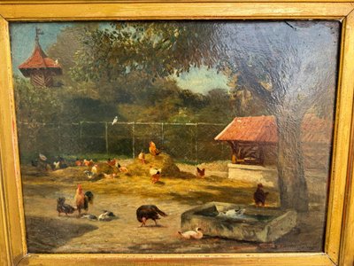 Altes Gemälde, Szene aus dem Hinterhof , Öl auf Holztafel XIX. Jahrhundert signiert, Hühner, Enten, Hähne...