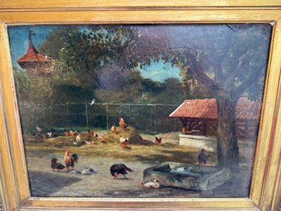 Altes Gemälde, Szene aus dem Hinterhof , Öl auf Holztafel XIX. Jahrhundert signiert, Hühner, Enten, Hähne...