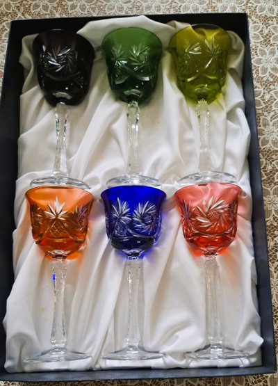 set of 6 colorful crystal wine glasses