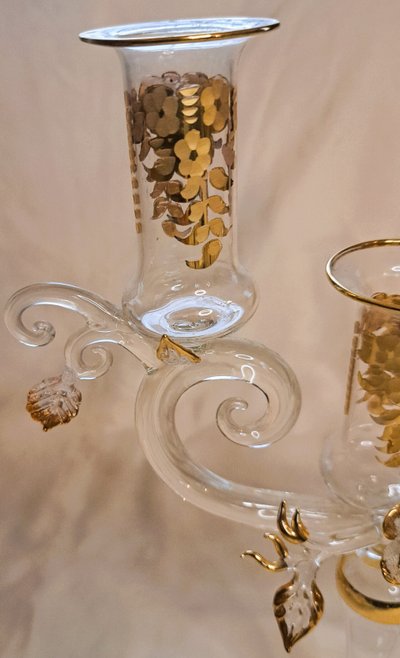 Pair of vintage gilded glass candlesticks