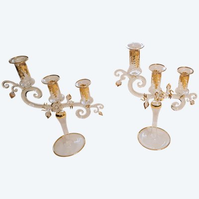 Pair of vintage gilded glass candlesticks