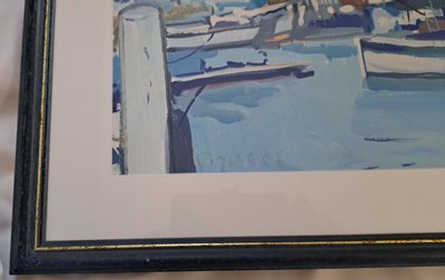 Gouache on paper view of a marina port early 20th century