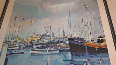 Gouache on paper view of a marina port early 20th century