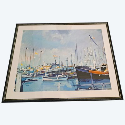 Gouache on paper view of a marina port early 20th century