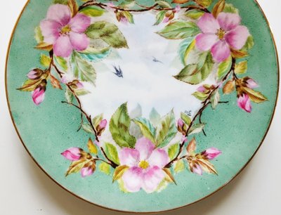 Hand Painted Porcelain Plate With Swallows Birds And Flowers 19th C
