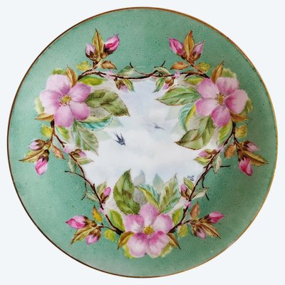 Hand Painted Porcelain Plate With Swallows Birds And Flowers 19th C