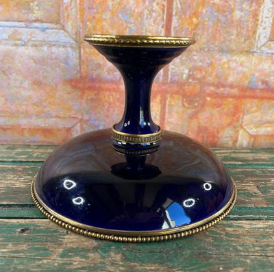 Blue Porcelain Pedestal Bowl - Bronze/Brass Floral Design - Limoges or Sevres